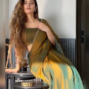 Atharav Creation Women's Fenddy  Chiffon soft silk two tone saree with Lace Boarder Shiny Stone and Diamond Work Saree With Unstitched Blouse Piece